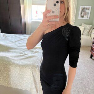 Vintage Payton Asymmetrical Sequin-Shoulder stretch jersey black dress size M
